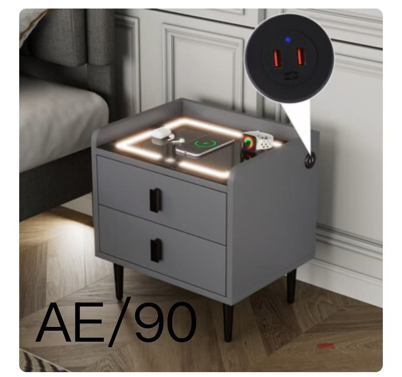 Modern Nightstand with Adjustable LED Lights Wireless Charging Station USB Charging End Side Table with 2 Drawers for Bedroom Gray One Size