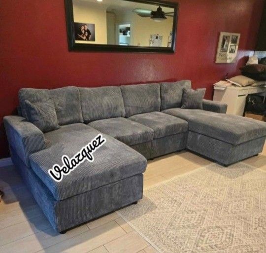 ✅️✅️4 pc fog grey corduroy fabric sectional sofa with double chaise✅️✅️