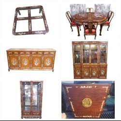 CHINESE MOTHER OFBPEARL INLAID TEAK DINING SET GOOD CLNDTION