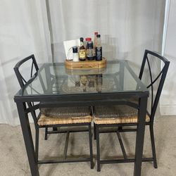 Compact Glass & Iron Table With 2 Rattan Chairs