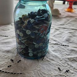 Various Vintage Buttons In A Ball Jar