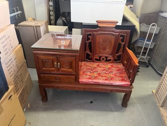 Chinese-Style Carved Wood Telephone Bench • Storage & Glass Top