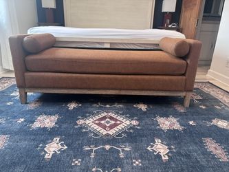 Cognac Leather Upholstered Bench with Bolster Pillows, 65" Wide