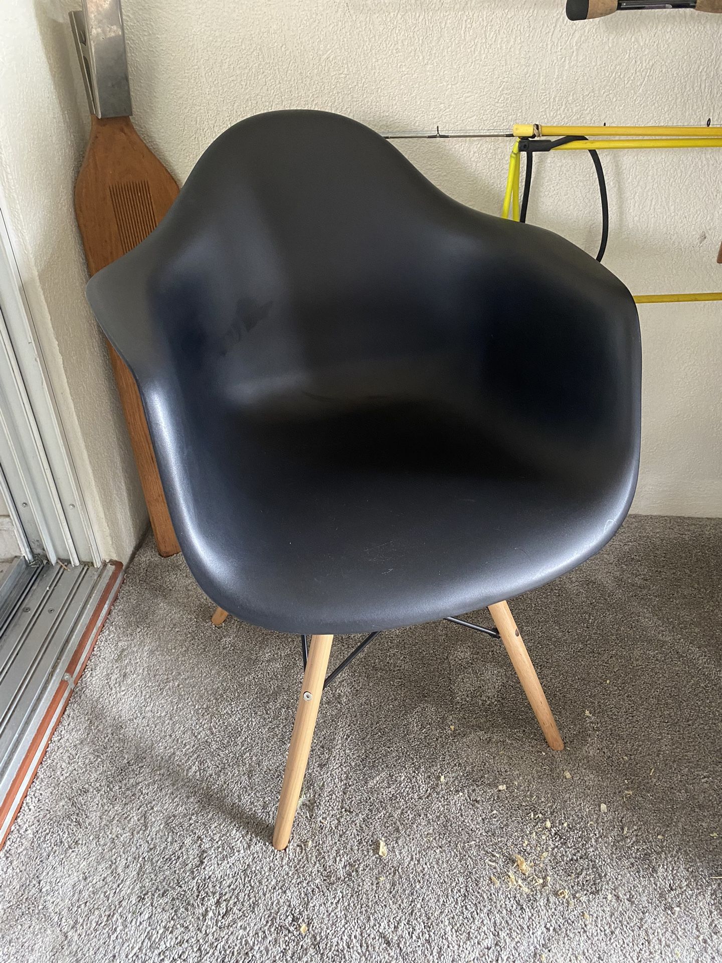 Eames Style Molded Black Plastic Armchair Arm Chair Wooden Dowel Legs