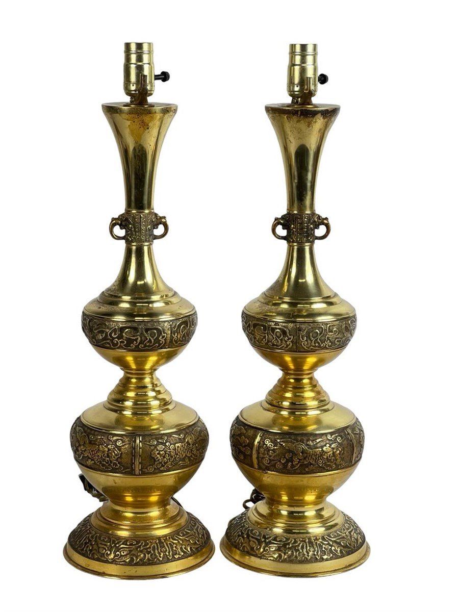 James Mont Inspired Oriental Embossed Brass Lamps