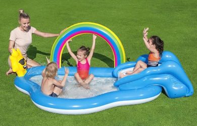 Kids Play Pool Bestway H2OGO! Rainbow 'n Shine Play Pool Center, one pool, one slide, repair patch, one pc of water watcher tag.