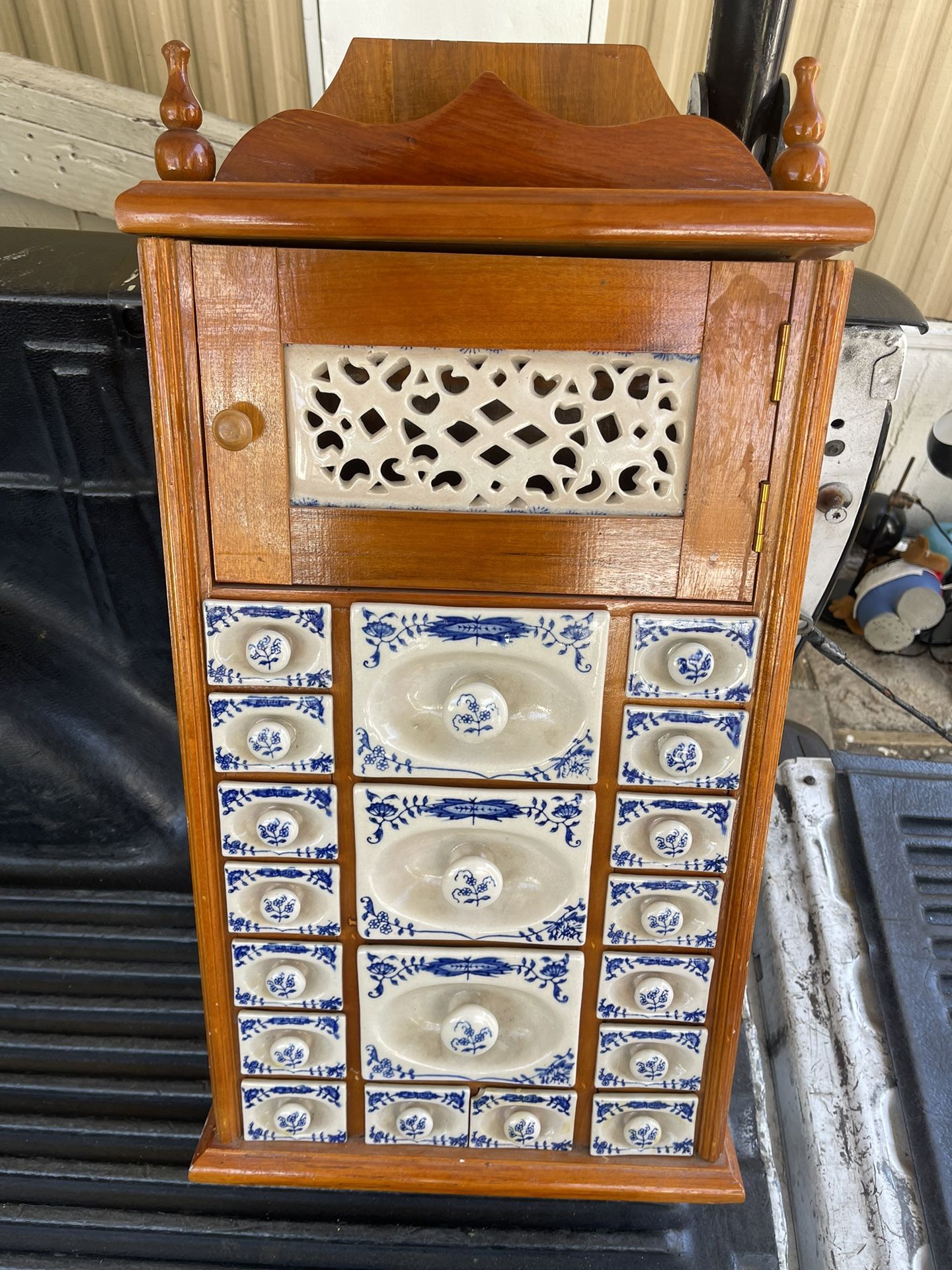 VTG Blue Spice Cabinet Wooden Porcelain Wall Shelf 