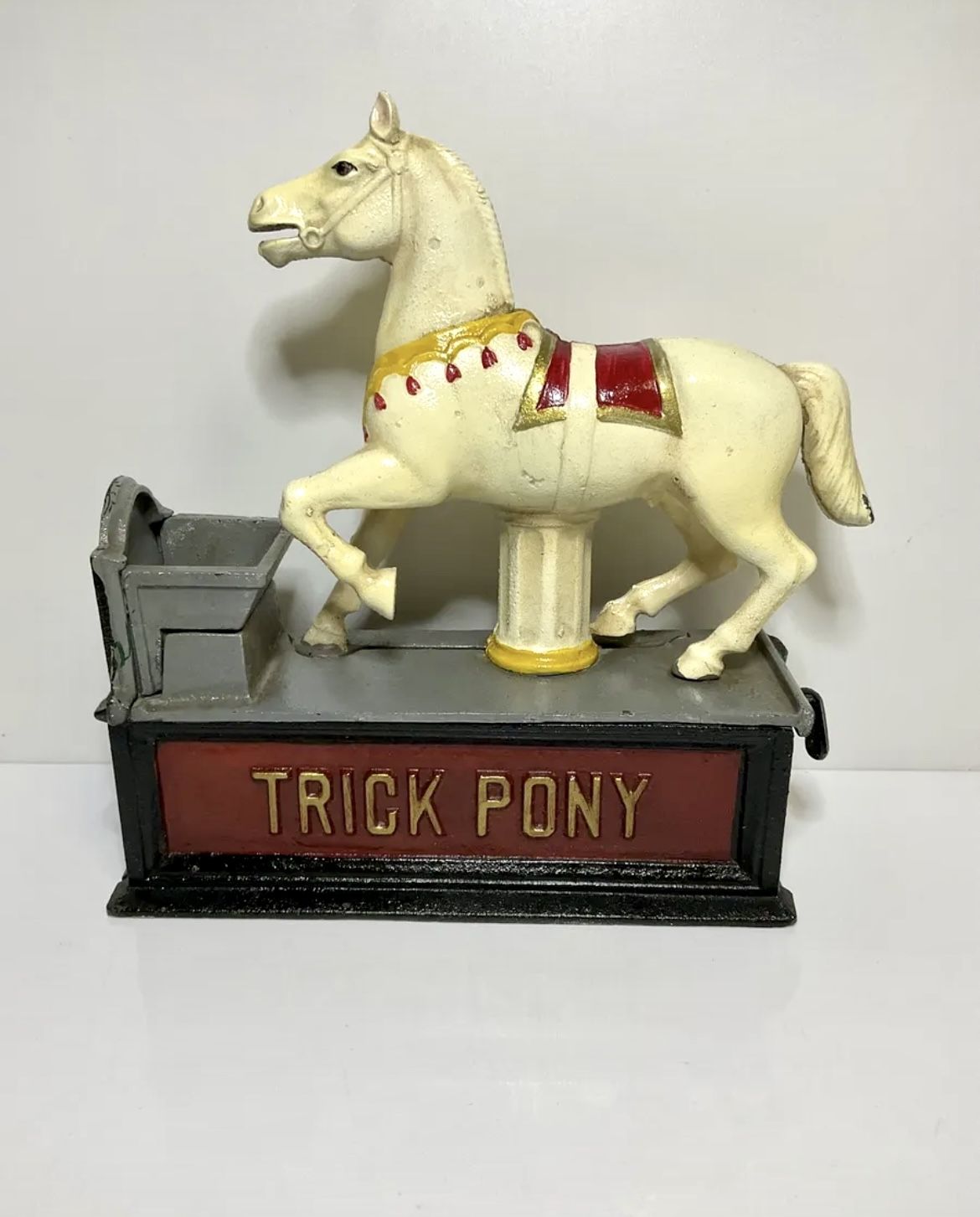 Original Book of Knowledge Cast Iron Trick Pony Coin Bank Mechanical