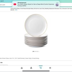 New in Box - Brew To A Tea - White Porcelain Dinner Plates, Set of 12, 10.5" Gold Rimmed, Classic.