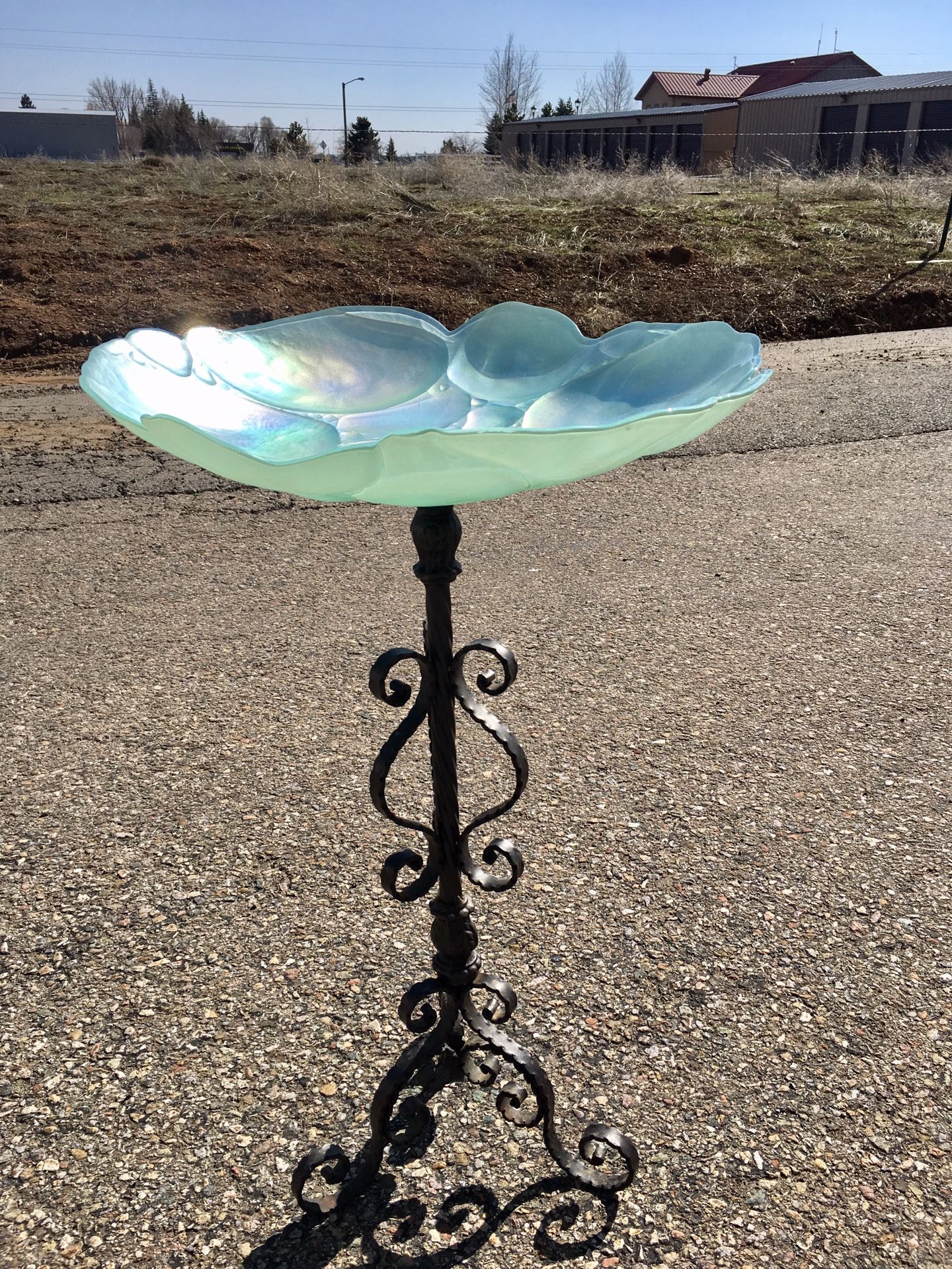 Bird Bath or Feeder for your Spring Garden- Aqua Greens,Blues Ornate Glass Dish 2' H or choose a stand!