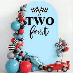 Tingjoo 6.6FT Two Fast Birthday Arch Backdrop Cover Blue Racing Car Theme Two Fast Decorations for Boys Happy 2nd Birthday Party Decor Black Bday Sign