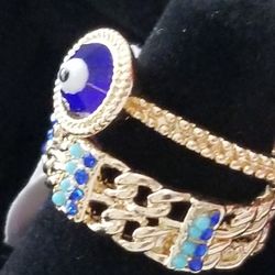 Evil Eye Stackabel Rings 2 pcs Gold with Blue and Turquoise Rhinestone