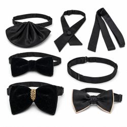 Collection of seven black bow ties in a variety of formal and vintage styles