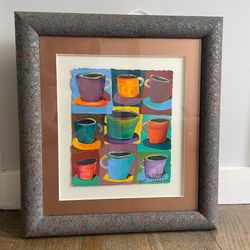 Original Authentic 1998 mixed-media painting "9 Coffee Cups" or “Java Time” by Lyda Kathryn Fortson