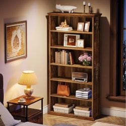 6-Tier Bookshelf, 75-Inch Tall Bookcase, Large Bookshelves and Bookcases Freestanding Display Shelves, Wood Book Shelf for Living Room, Home Office, B