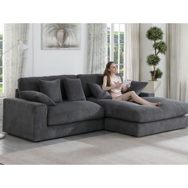 105"W Dark Gray Corduroy Reversible Sectional Sofa Chaise