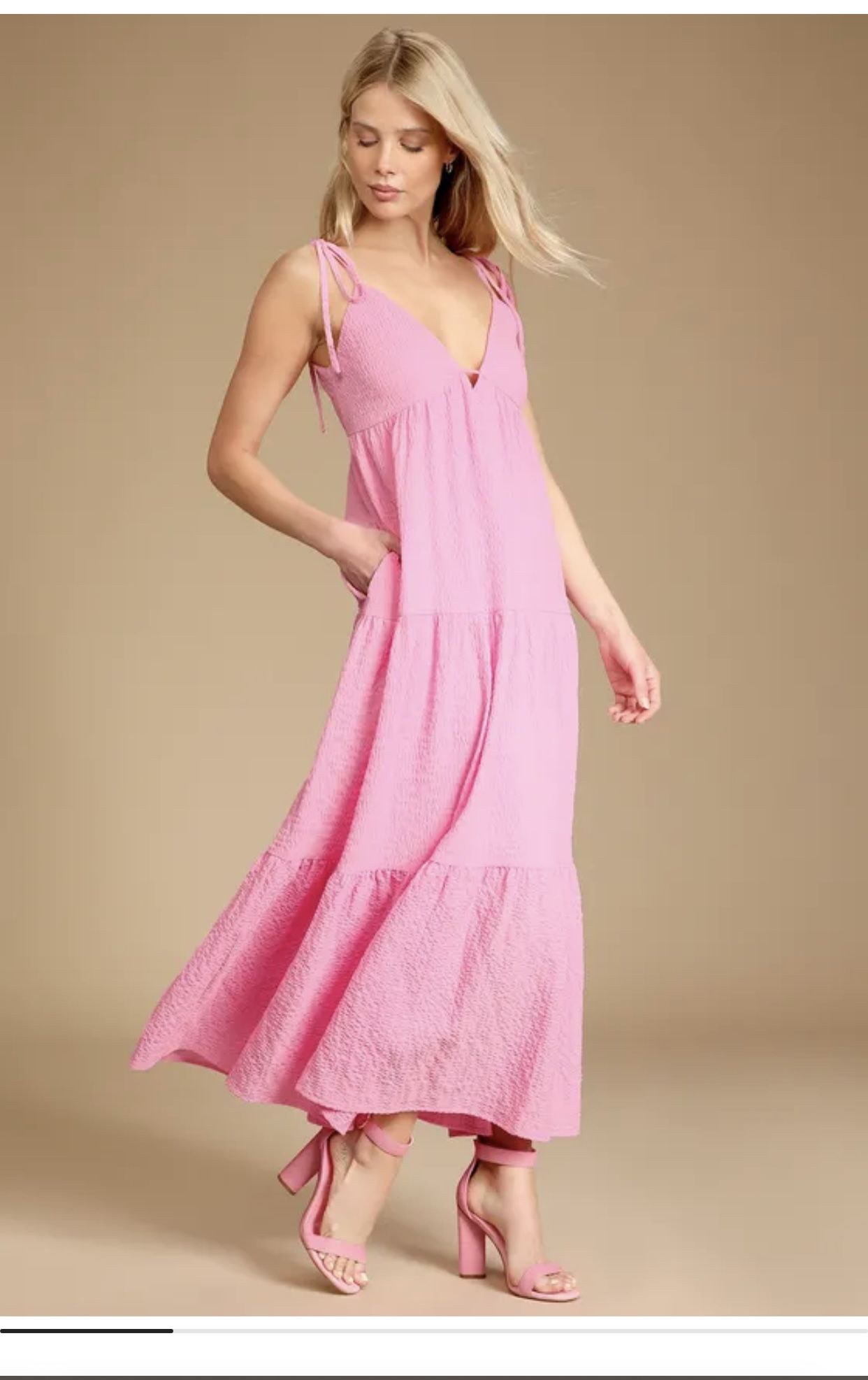 Lulus Pink Tie-Strap Tiered Midi Dress