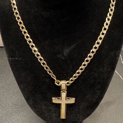 10K Gold necklace w cross pendant  clear stones 25” 6mm 34.6grms no trades 3816 Steilacoom blvd crown jewlery 