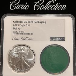 2025 American Silver Eagle ASE • Exclusive Curio Collection #117/120 • Original US Mint Packaging Tube Top + Velvet Bag • Graded NGC MS70