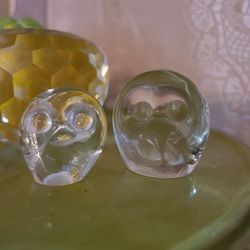 Two Steuben Crystal Glass Paperweight Figurines owl, eagle animal