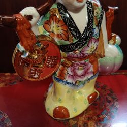 Vintage Chinese Porcelain Figurine Lady Holding Longevity Peach and Good Luck Coin Symbol of Wealth