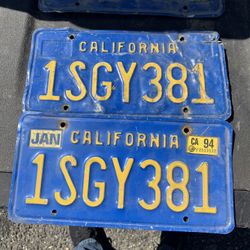 Pair vintage 1970s California License Plates Blue & Yellow YOM 1(contact info removed) cars