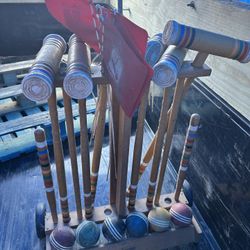 Vintage Wooden Croquet Set w/ Rolling Rack – Complete Outdoor Lawn Game
