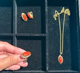 Vintage estate matching natural red Italian coral and 18k/14K gold jewelry set
