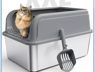 Powools Stainless Steel Cat Litter Box, High-Sided, Grey, XXL (1 Pack) Metal Litter Box with Scoop, Anti-Leakage Top Entry, Non-Sticky, Easy to Clean,