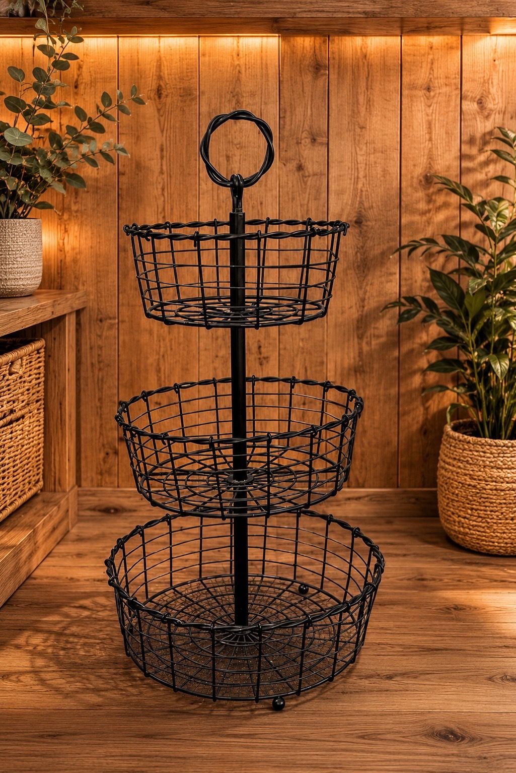 3 Tier Black and Copper Brushed Metal Basket Stand Display rack