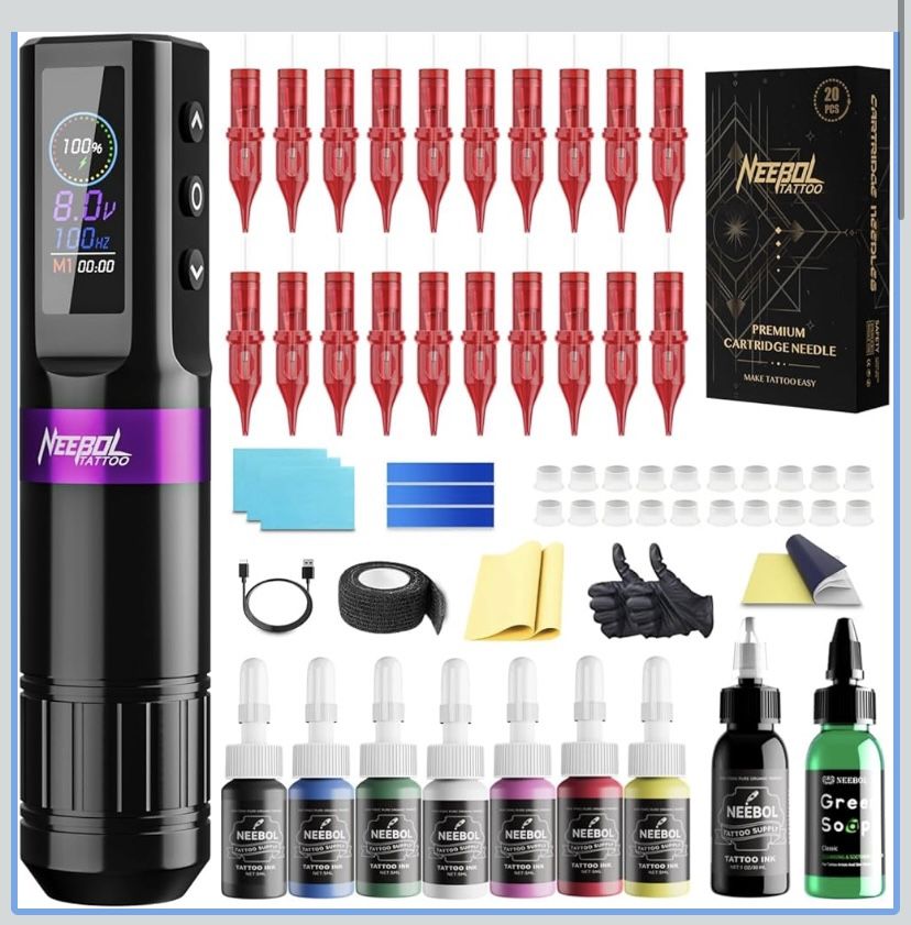 Tattoo Kit for Beginners Complete Set, Neebol Wireless Tattoo Gun Kit with LED Display, 20Pcs Tattoo Cartridge Needles, 8Pcs Premium Inks, F7