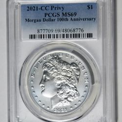 2021-CC Morgan Silver Dollar "CC Privy" 100th Anniversary "Mint State" 69