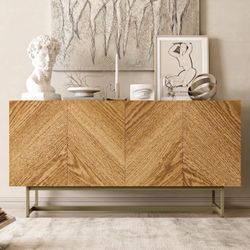 Mid Century Modern TV Stand for TVs up to 65", Herringbone Sideboard Buffet Cabinet Credenza, Marble Top Media Console