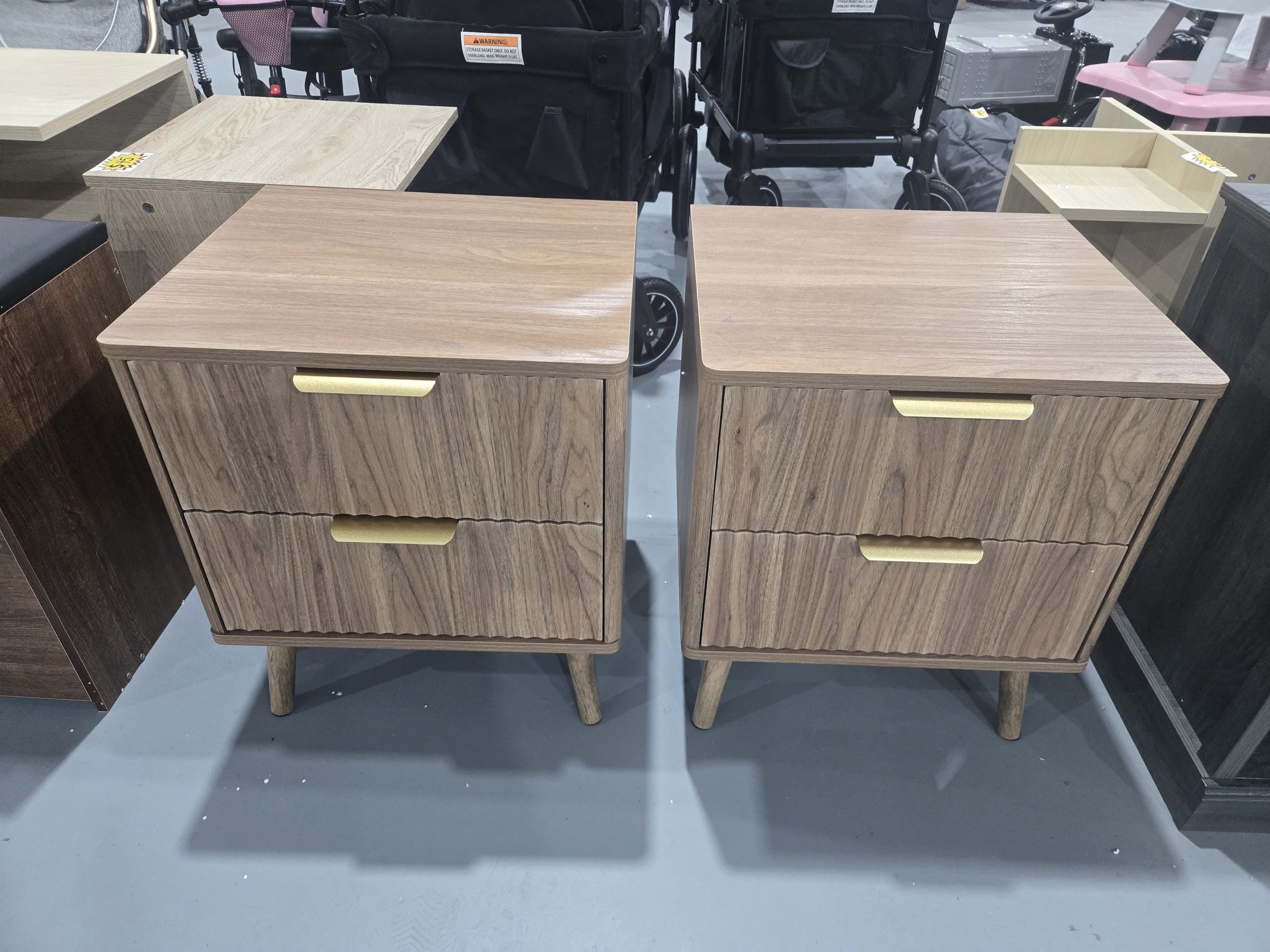 M-New Fluted Nightstand Set of 2, Walnut Bedside Table with 2 Drawers and Gold Handles, Wood End Table Mid Century Night Stands for Bedroom Living Roo