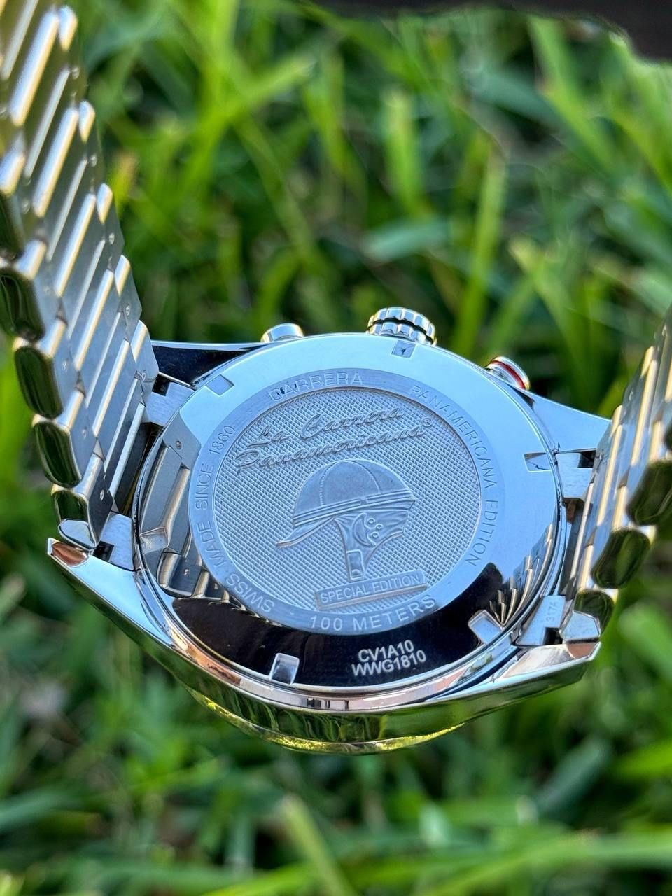 TAG Heuer Carrera Panamericana Mens Watch Stainless Steel Quartz 43mm CV1A10 Black Dial Chronograph box papers