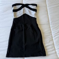 Black & White Strapless Geometric Cocktail Dress – Elegant Colorblock Strapless Mini Dress - Small
