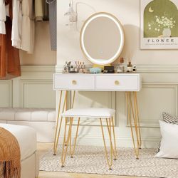 White & Gold Vanity With LED Mirror