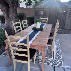 Vintage Farmhouse Table, (2) 18" Extension Leaves, and (6) Vintage Pier 1 Imports Chairs
