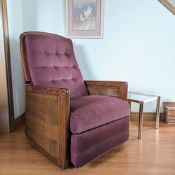 Vintage MCM Walnut & Caned Boho Recliner w/ Mauve Upholstery