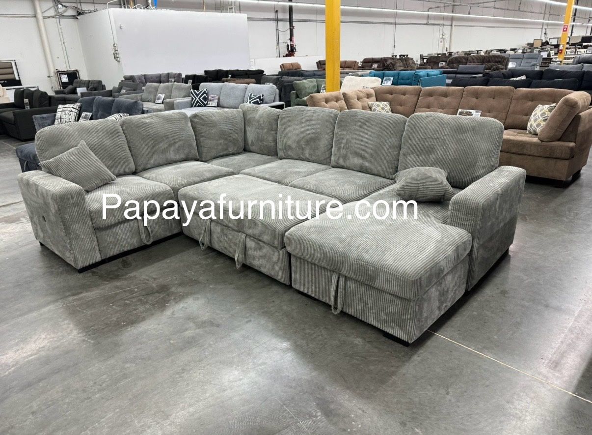 New! 120” Large Sectional Sofa Bed, Plush Sectional Sofa Bed, Sleeper Sofa, Couch, Sectional, Grey Sectional Couch,Gray Sofa Bed,Corduroy Sleeper Sofa