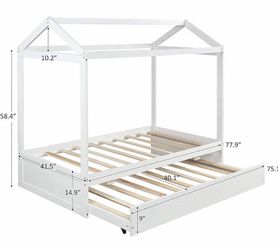Twin house bed frame with 14” mattress and trundle frame.