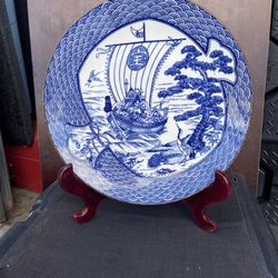 VINTAGE  Japanese Seven Lucky Gods of Good Fortune Large Serving Platter . BIG 12 “ ROUND  COBALT BLUE . BEST OFFER