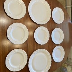 Set Of 2 Platters And 7 Vintage Milk Glass Plates With Grape Design