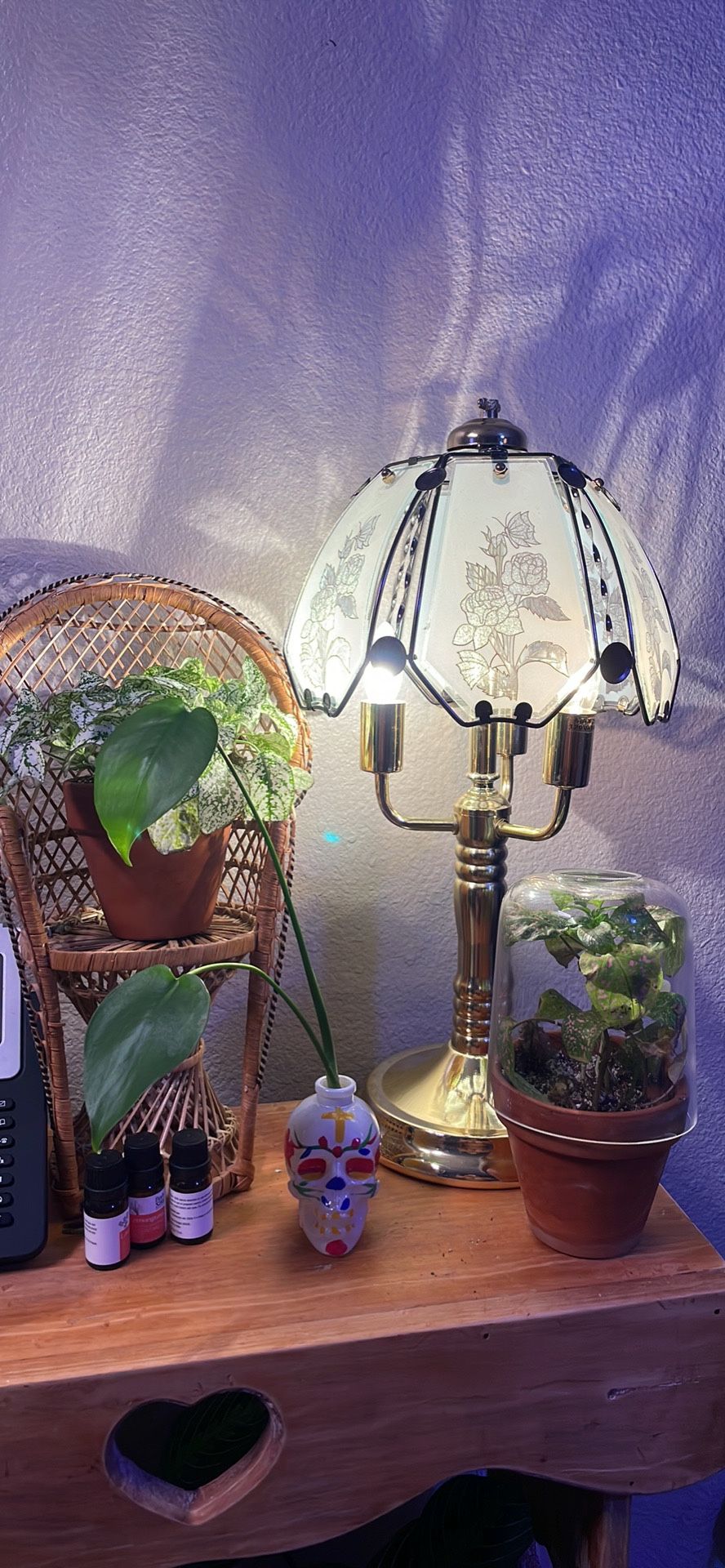 Vintage Glass Brass Floral Pedal Touch Lamp