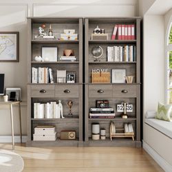 2pcs 71.8” Tall Bookshelf with 2 Drawer, 5 Tier Bookcase with Adjustable Shelves for Living Room Study Home Office, Gray