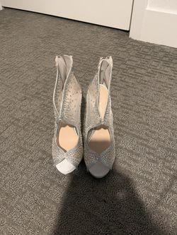 Silver mesh heels with rhinestones throughout with back zip