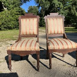 2 Antique Gothic Style Upholstered Chairs 
