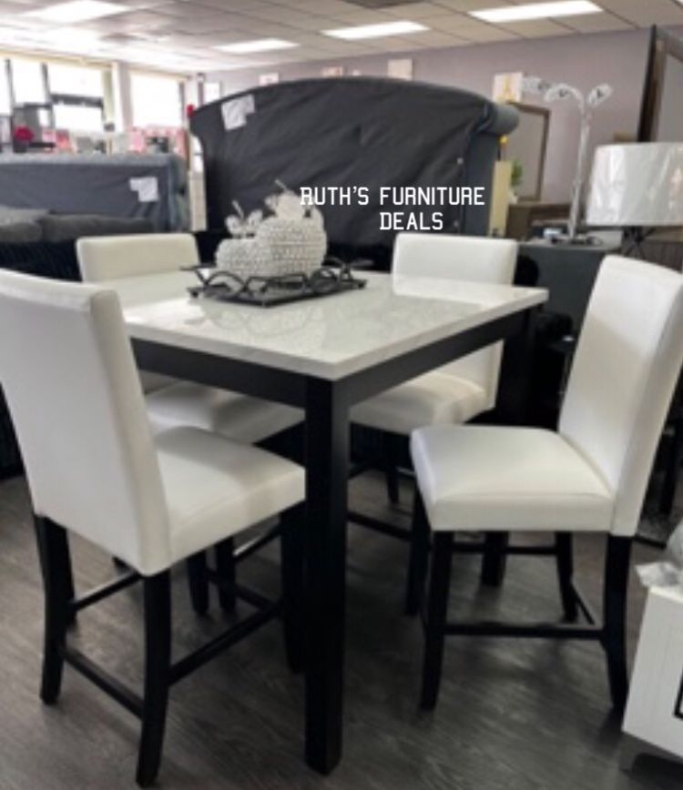 5-pc Dining Table Set White Faux Marble Table Top