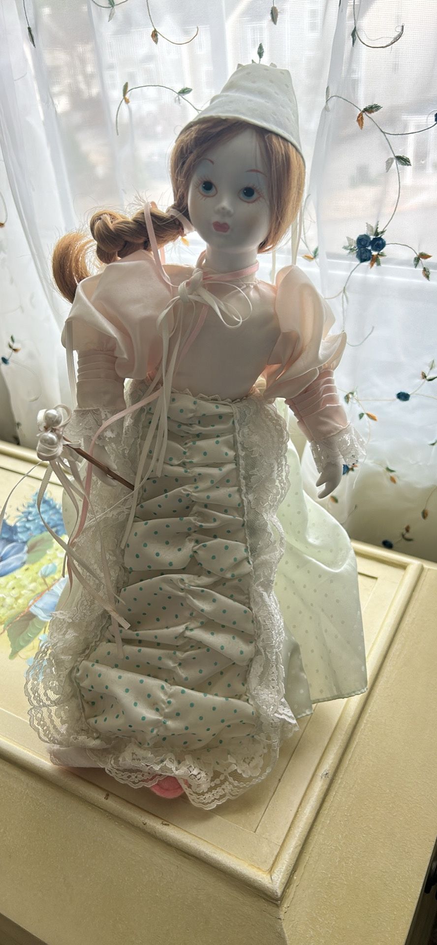 Vintage Porcelain Doll – Light Brown/Blonde Hair, Blue Eyes, Victorian-Style Gown