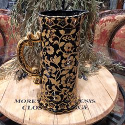 Vintage Black & 24K Gold Plated Ruffle Edge Porcelain Pitcher Vase